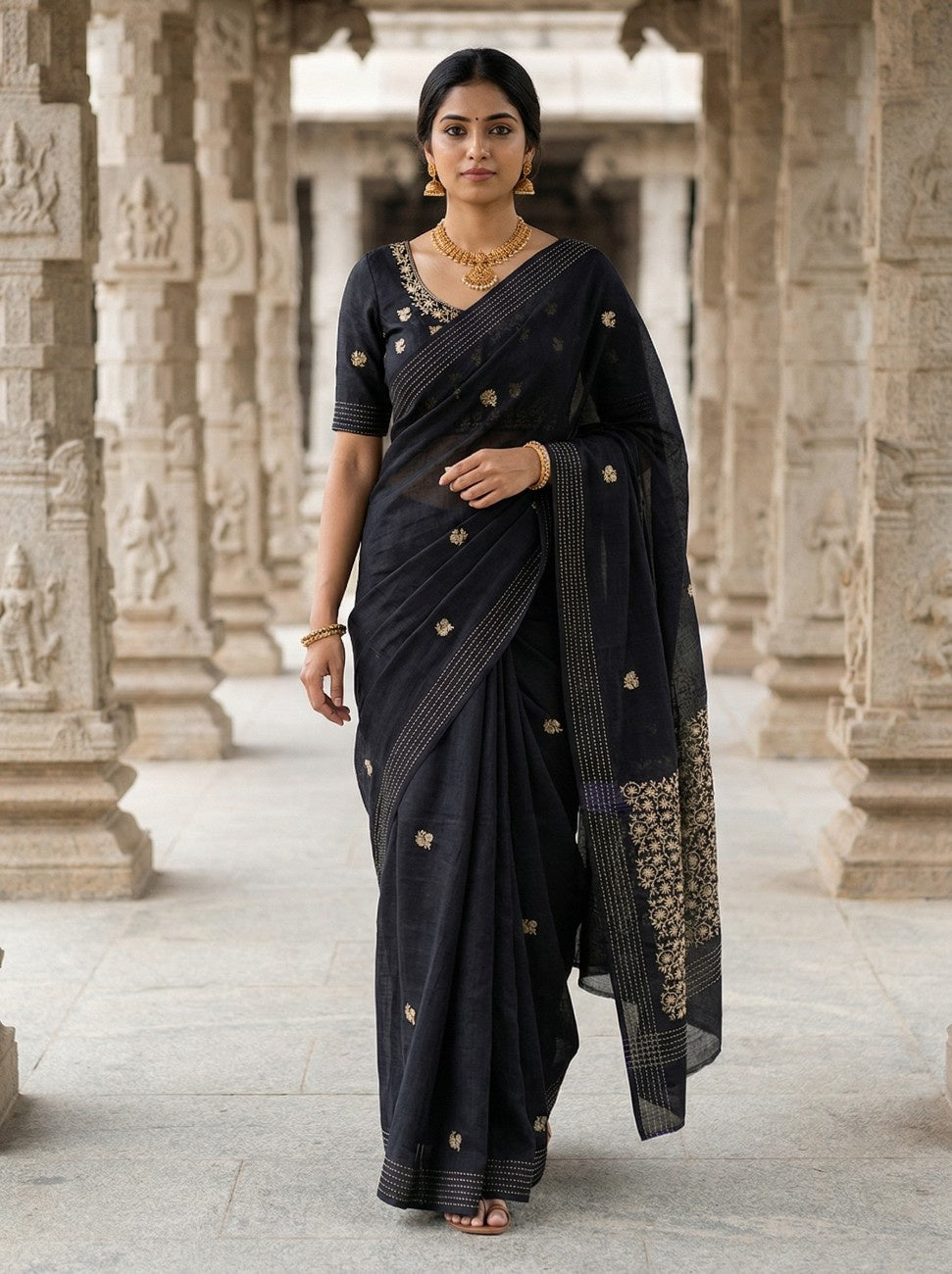 Mameraa Sarees Black Matka Silk Saree With All Over Designer Embroidery-Black - Dista