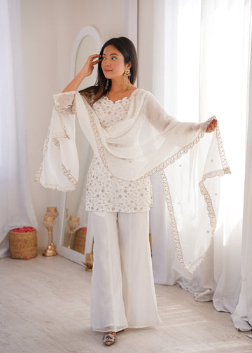 Lorenvalley Fashion Offwhite Crunchy Silk with Embroidery Sequence Jari work Kurta Bell Bottom Pant with Dupatta - Dista