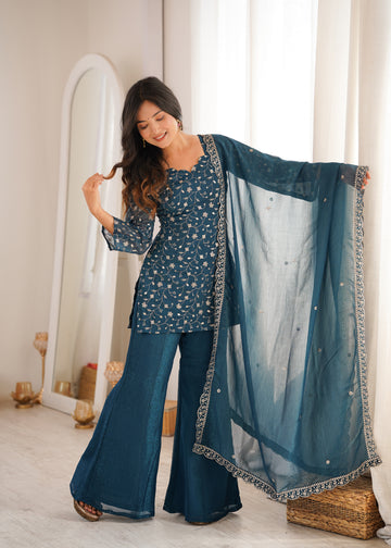 Lorenvalley Fashion Rama Crunchy Silk With Embroidery Sequence Jari Work Kurta Bell Bottom Pant With Dupatta - Dista