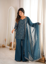 Thumbnail for Lorenvalley Fashion Rama Crunchy Silk With Embroidery Sequence Jari Work Kurta Bell Bottom Pant With Dupatta
