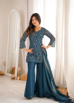 Thumbnail for Lorenvalley Fashion Rama Crunchy Silk With Embroidery Sequence Jari Work Kurta Bell Bottom Pant With Dupatta