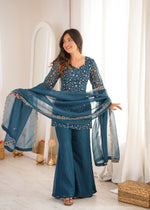 Thumbnail for Lorenvalley Fashion Rama Crunchy Silk With Embroidery Sequence Jari Work Kurta Bell Bottom Pant With Dupatta