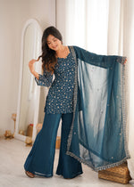 Thumbnail for Lorenvalley Fashion Rama Crunchy Silk With Embroidery Sequence Jari Work Kurta Bell Bottom Pant With Dupatta
