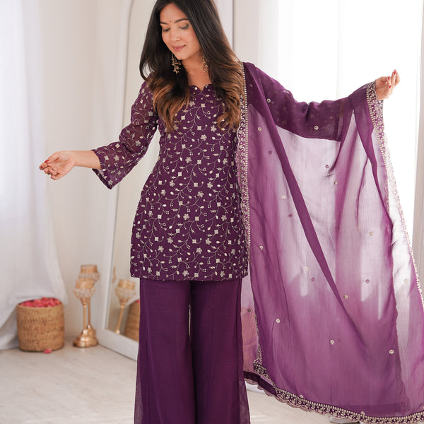 Lorenvalley Fashion Wine Crunchy Silk with Embroidery Sequence Jari work Kurta Bell Bottom Pant with Dupatta - Dista