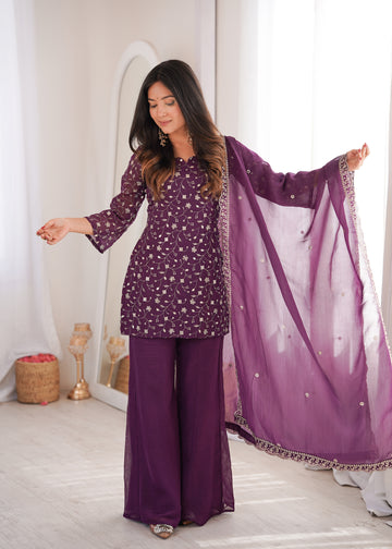 Lorenvalley Fashion Wine Crunchy Silk with Embroidery Sequence Jari work Kurta Bell Bottom Pant with Dupatta - Dista
