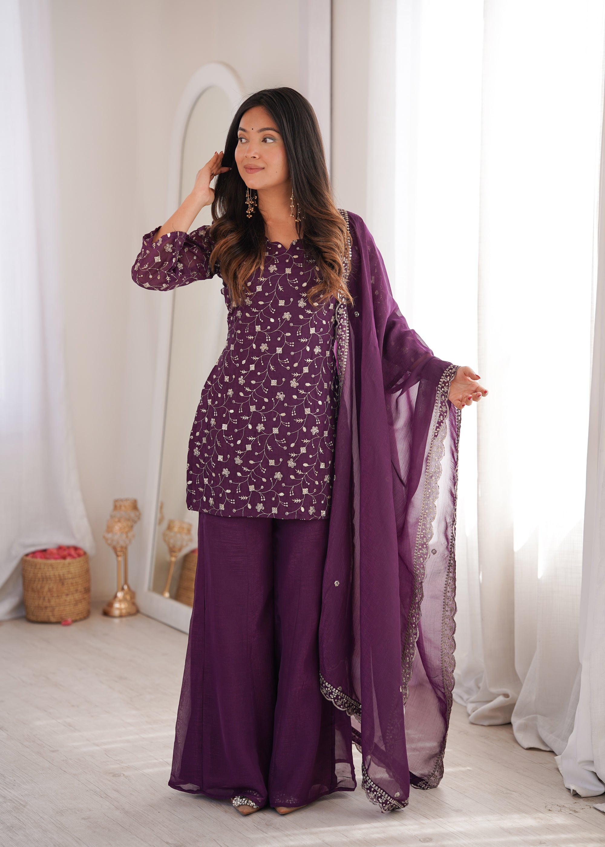 Lorenvalley Fashion Wine Crunchy Silk with Embroidery Sequence Jari work Kurta Bell Bottom Pant with Dupatta - Dista