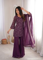 Thumbnail for Lorenvalley Fashion Wine Crunchy Silk with Embroidery Sequence Jari work Kurta Bell Bottom Pant with Dupatta - Dista