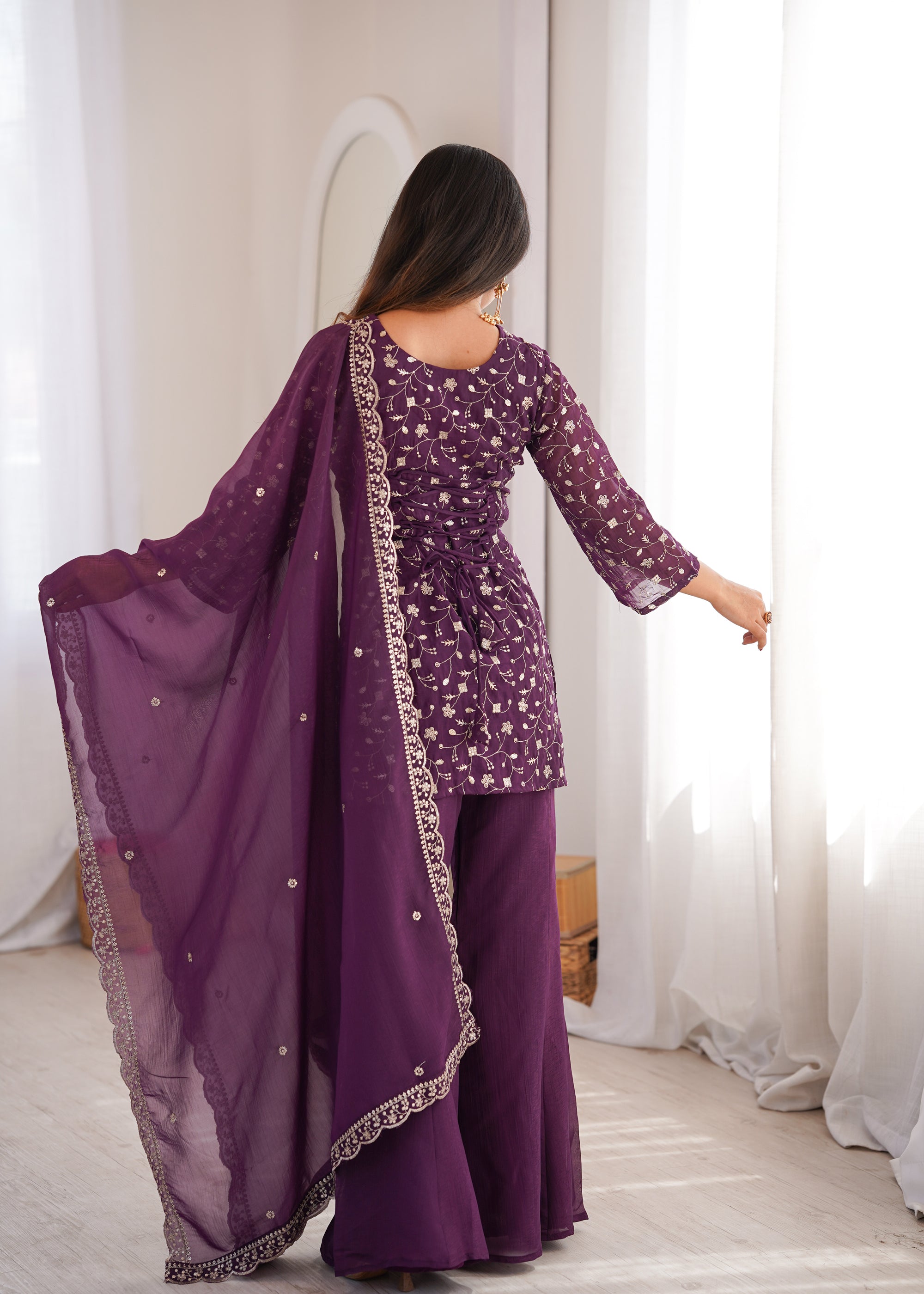 Lorenvalley Fashion Wine Crunchy Silk with Embroidery Sequence Jari work Kurta Bell Bottom Pant with Dupatta - Dista