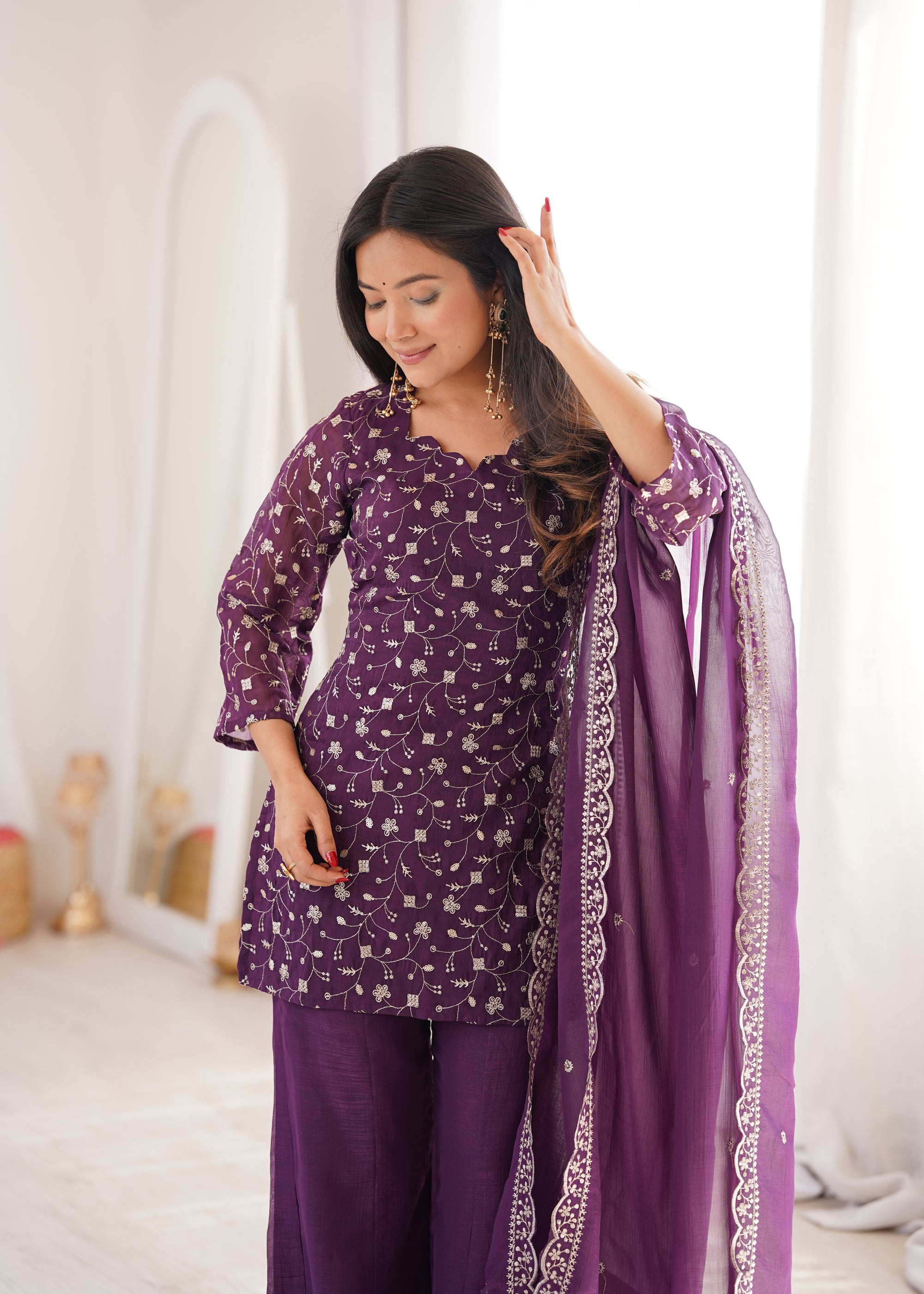 Lorenvalley Fashion Wine Crunchy Silk with Embroidery Sequence Jari work Kurta Bell Bottom Pant with Dupatta - Dista