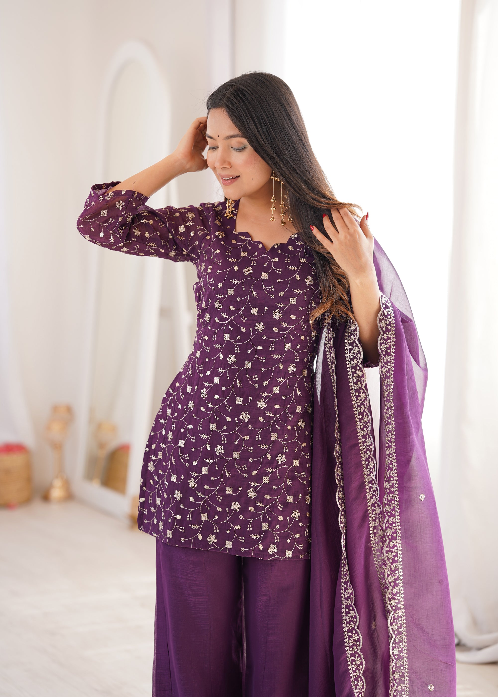 Lorenvalley Fashion Wine Crunchy Silk with Embroidery Sequence Jari work Kurta Bell Bottom Pant with Dupatta - Dista