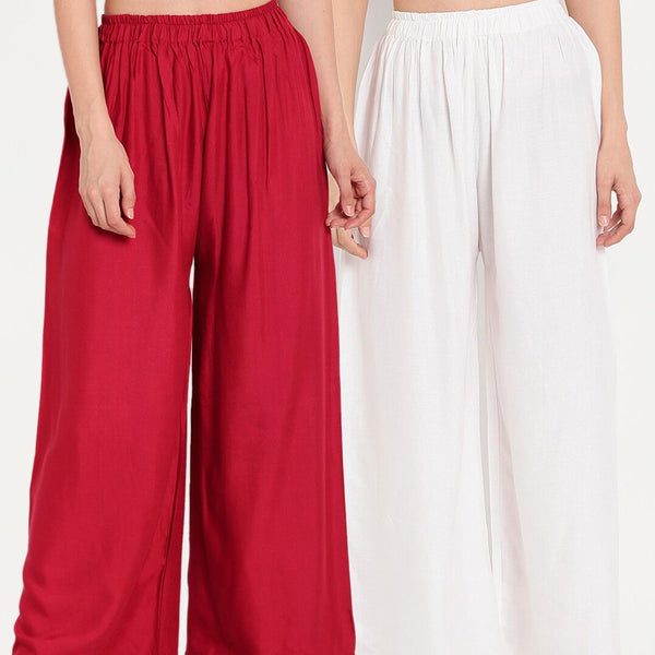 TAG 7 Women White & Maroon Set of 2 Flared Ethnic Palazzos - Distacart