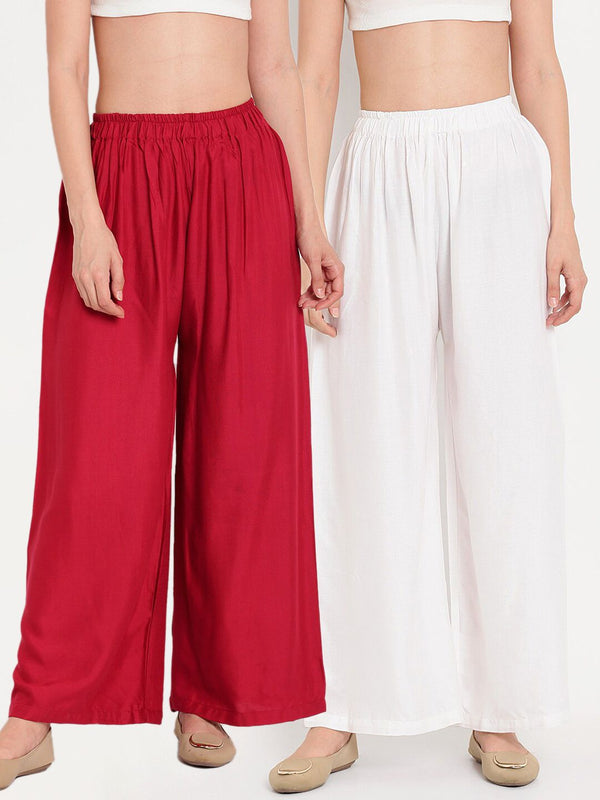TAG 7 Women White & Maroon Set of 2 Flared Ethnic Palazzos