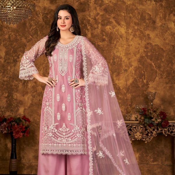 Anaita Pink Embroidered Net Plazzo Suit - Distacart