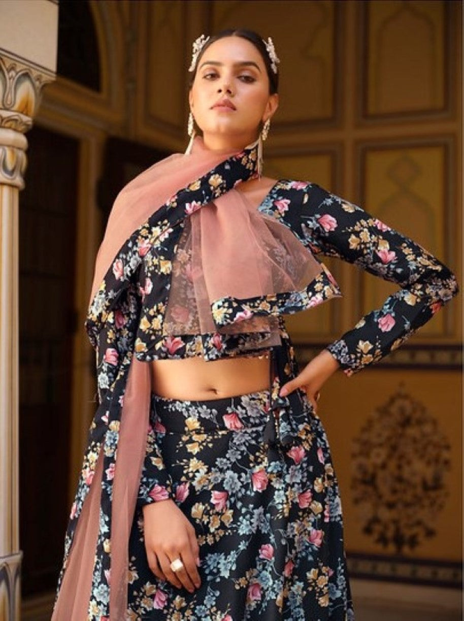 Anaita Black Silk Lehenga Choli With Floral Printed Work - Distacart
