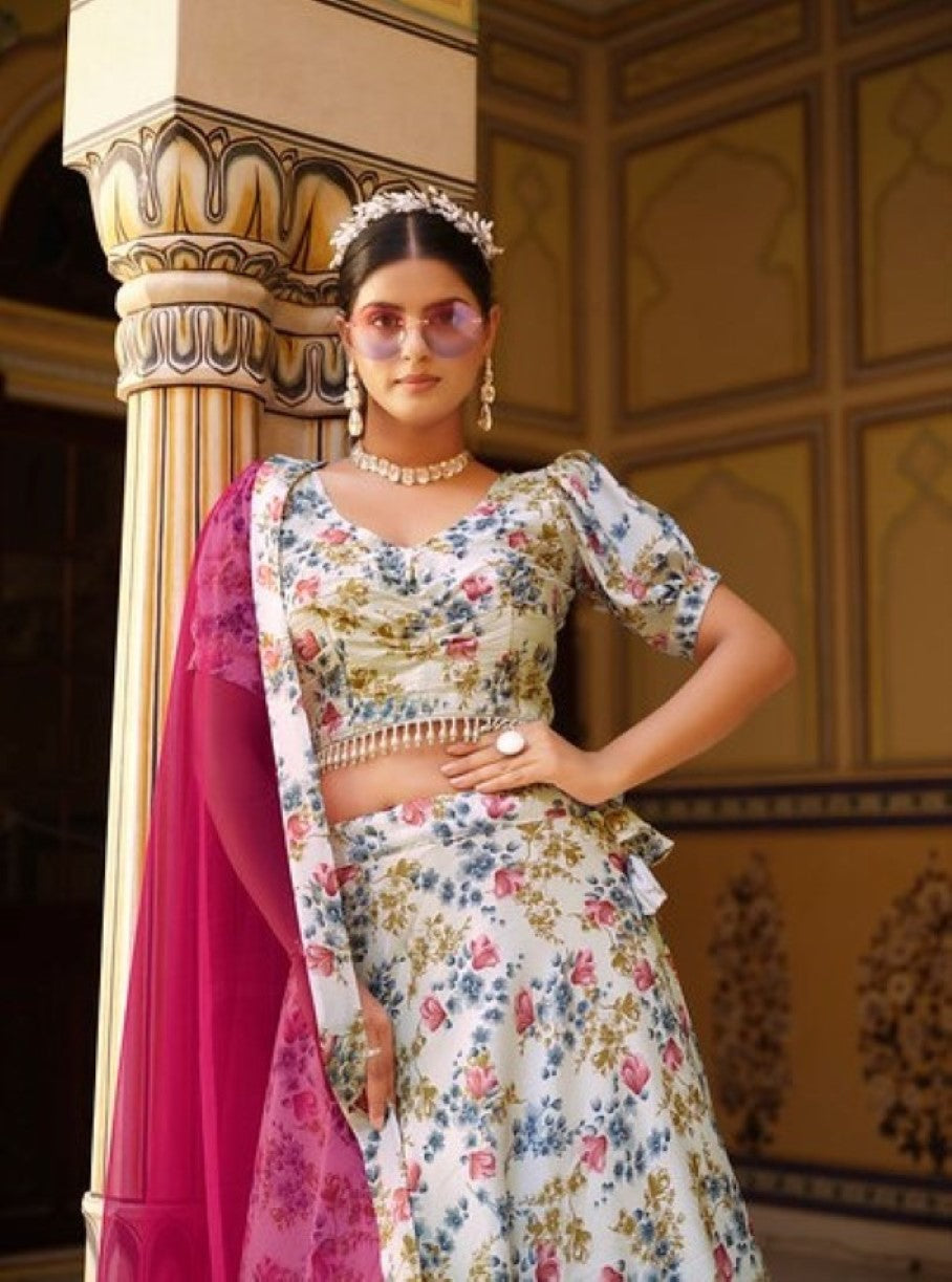 Anaita White Silk Lehenga Choli With Floral Printed Work - Distacart