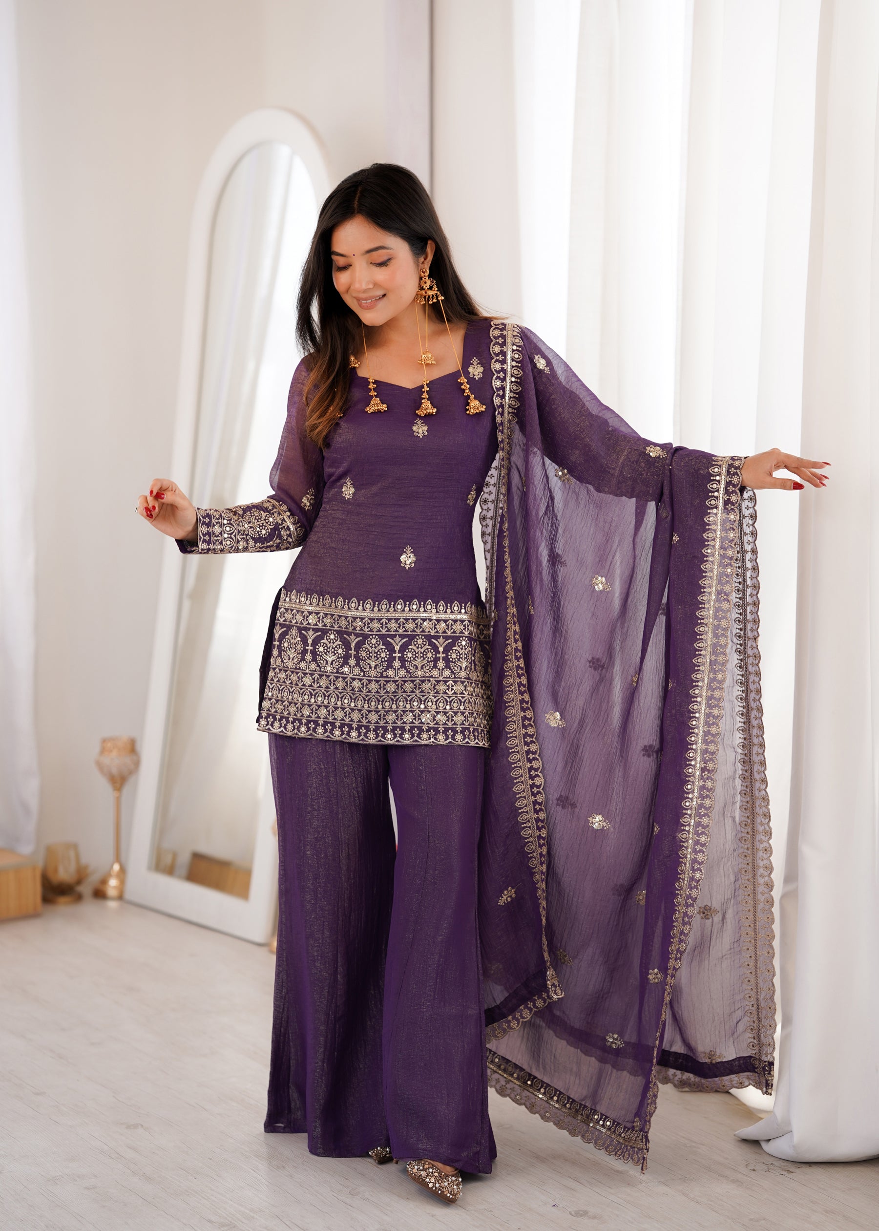 Lorenvalley Fashion Purple Crunchy Silk With Embroidery Sequence And Jari Work Kurta Bell Bottom Pant With Dupatta - Dista