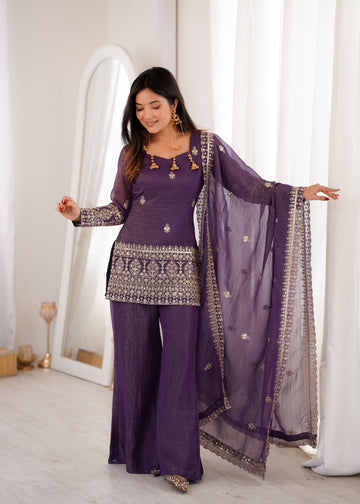 Lorenvalley Fashion Purple Crunchy Silk With Embroidery Sequence And Jari Work Kurta Bell Bottom Pant With Dupatta - Dista