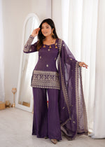 Thumbnail for Lorenvalley Fashion Purple Crunchy Silk With Embroidery Sequence And Jari Work Kurta Bell Bottom Pant With Dupatta