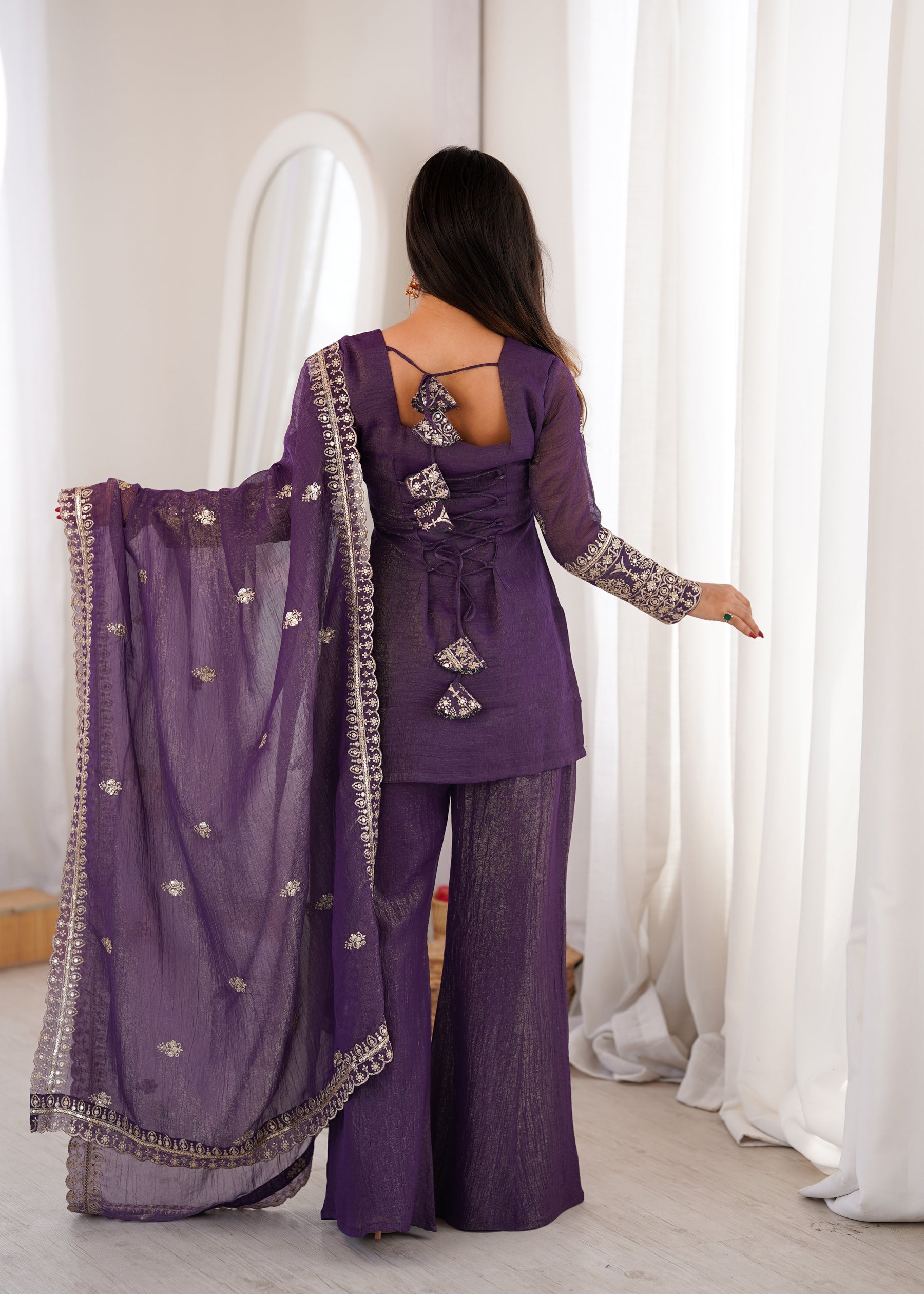 Lorenvalley Fashion Purple Crunchy Silk With Embroidery Sequence And Jari Work Kurta Bell Bottom Pant With Dupatta