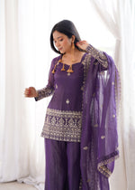 Thumbnail for Lorenvalley Fashion Purple Crunchy Silk With Embroidery Sequence And Jari Work Kurta Bell Bottom Pant With Dupatta
