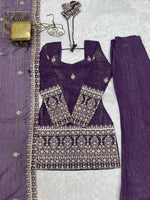 Thumbnail for Lorenvalley Fashion Purple Crunchy Silk With Embroidery Sequence And Jari Work Kurta Bell Bottom Pant With Dupatta