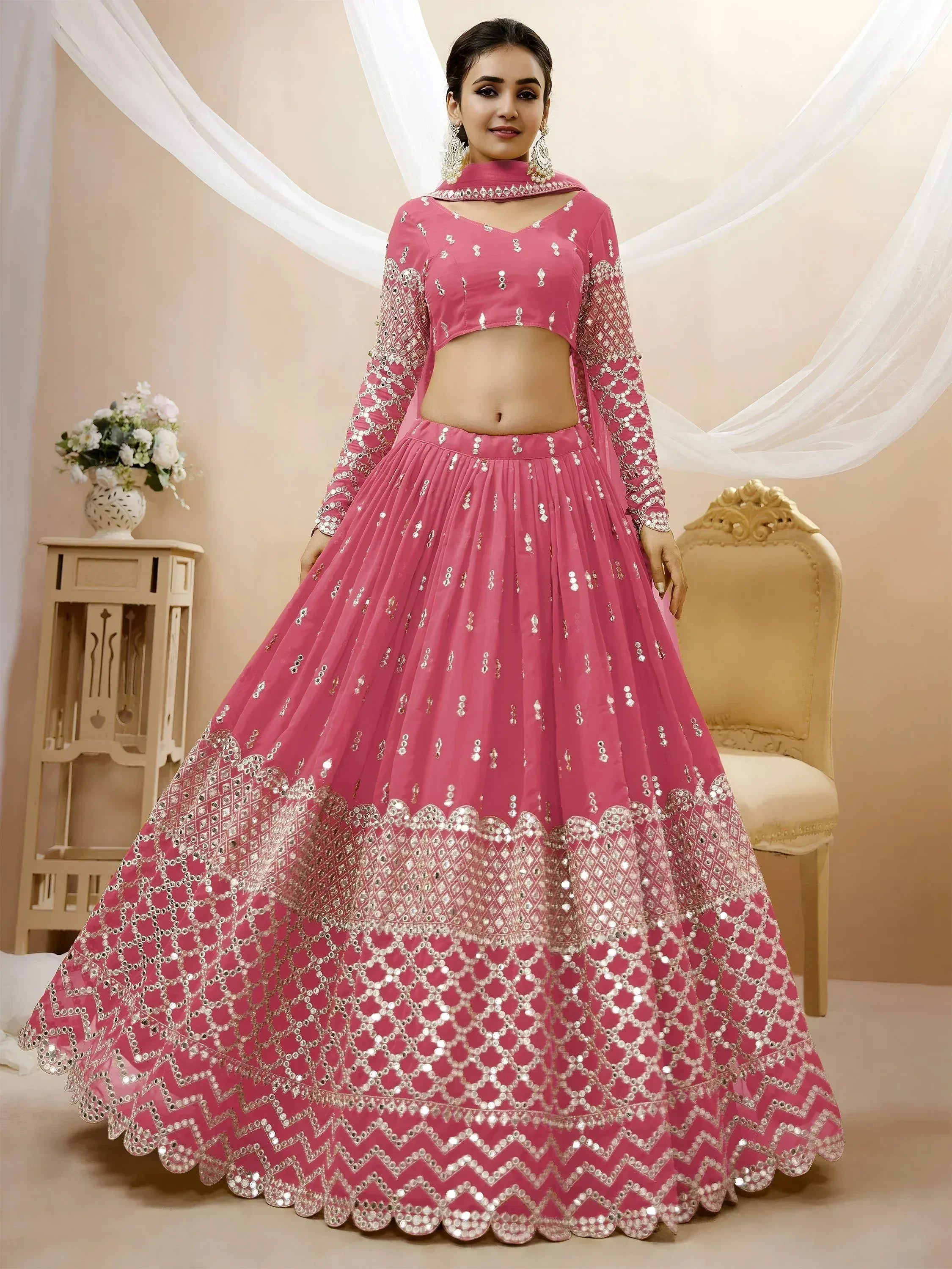 Tulsi Art Glamorous Pink Sequins Georgette Engagement Wear Lehenga Choli - Dista