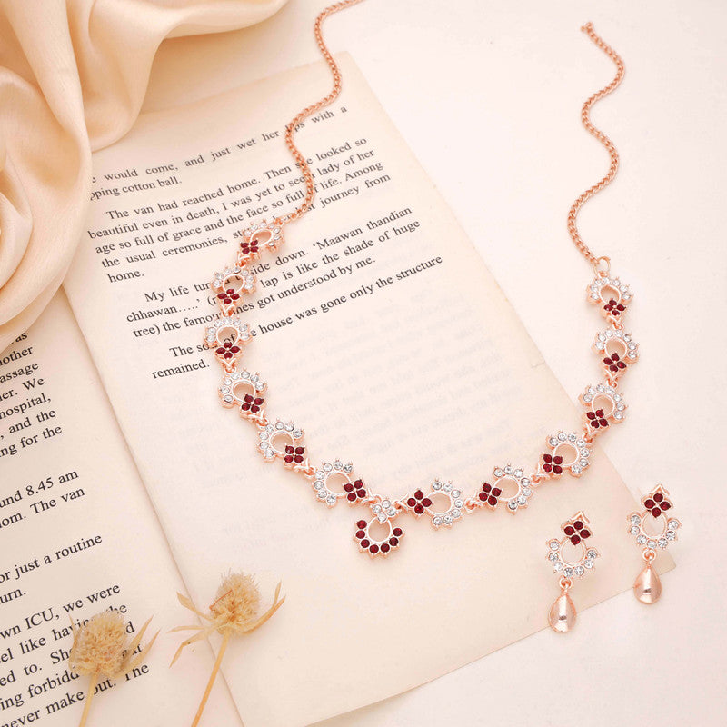 Tehzeeb Creations Gold-Polished Maroon Diamond Necklace With Earrings - Distacart