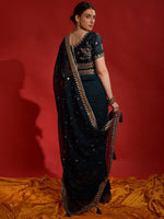 Thumbnail for Anouk Teal & Gold-Toned Embellished Embroidered Pure Georgette Saree - Distacart