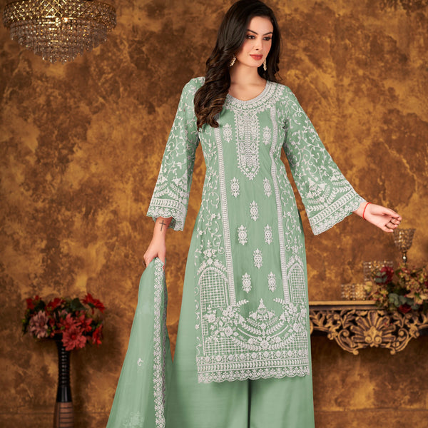 Anaita Light Green Embroidered Net Plazzo Suit - Distacart