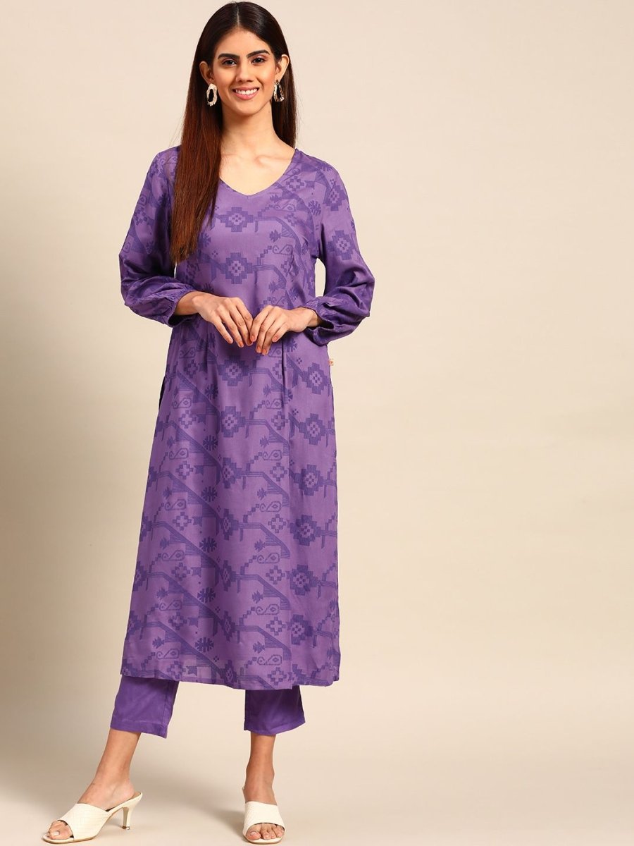 Anouk Women Purple Ethnic Motifs Printed Regular A-line Kurta with Trousers - Distacart