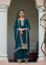 Thumbnail for Anaita Teal Blue Faux Georgette Suit With Embroidery & Sequence Work - Distacart