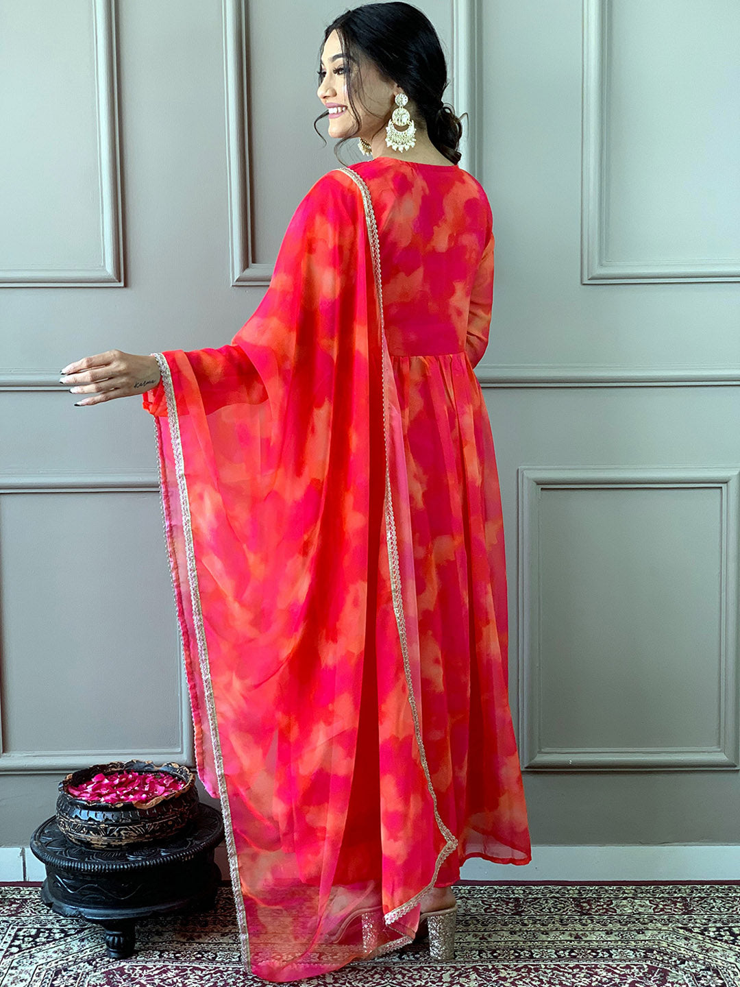 Kalini Ethnic Motifs Printed Pleated Mirror Work Empire Kurta with Trousers & Dupatta - Distacart