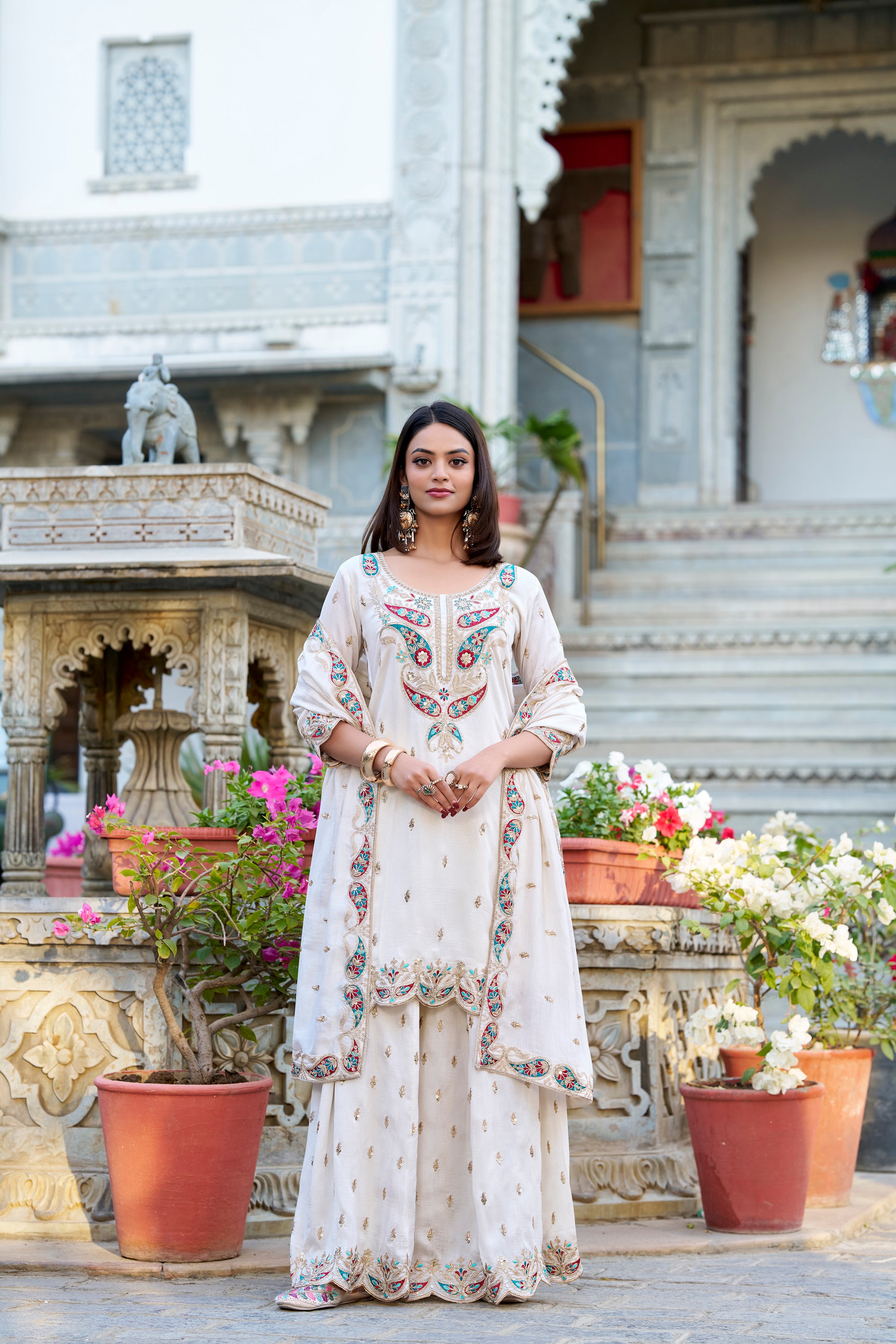 Lorenvalley Vichitra Silk Sequins and Thread Embroidery Work Palazzo Set - Distacart