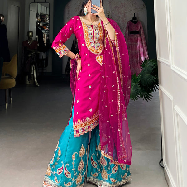 Lorenvalley Pink Lightweight Moonga Silk Sequins and Thread Embroidery Work Palazzo Set - Distacart