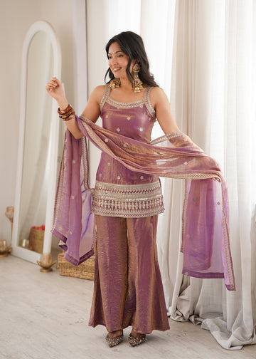 Lorenvalley Fashion Dustypink Fendy Silk Fabric With Embroidery Sequence Dori And Jari Work Bell Bottom Pant With Dupatta - Dista