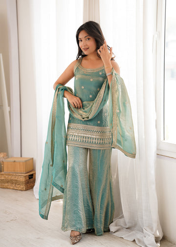 Lorenvalley Fashion Seagreen Fendy Silk Fabric With Embroidery Sequence Dori And Jari Work Bell Bottom Pant With Dupatta - Dista