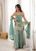 Thumbnail for Lorenvalley Fashion Seagreen Fendy Silk Fabric With Embroidery Sequence Dori And Jari Work Bell Bottom Pant With Dupatta