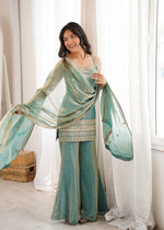 Thumbnail for Lorenvalley Fashion Seagreen Fendy Silk Fabric With Embroidery Sequence Dori And Jari Work Bell Bottom Pant With Dupatta