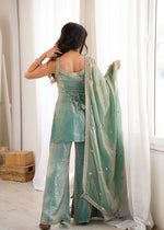 Thumbnail for Lorenvalley Fashion Seagreen Fendy Silk Fabric With Embroidery Sequence Dori And Jari Work Bell Bottom Pant With Dupatta