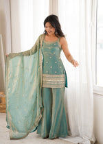 Thumbnail for Lorenvalley Fashion Seagreen Fendy Silk Fabric With Embroidery Sequence Dori And Jari Work Bell Bottom Pant With Dupatta