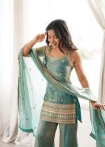 Thumbnail for Lorenvalley Fashion Seagreen Fendy Silk Fabric With Embroidery Sequence Dori And Jari Work Bell Bottom Pant With Dupatta