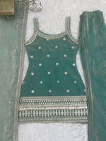 Thumbnail for Lorenvalley Fashion Seagreen Fendy Silk Fabric With Embroidery Sequence Dori And Jari Work Bell Bottom Pant With Dupatta