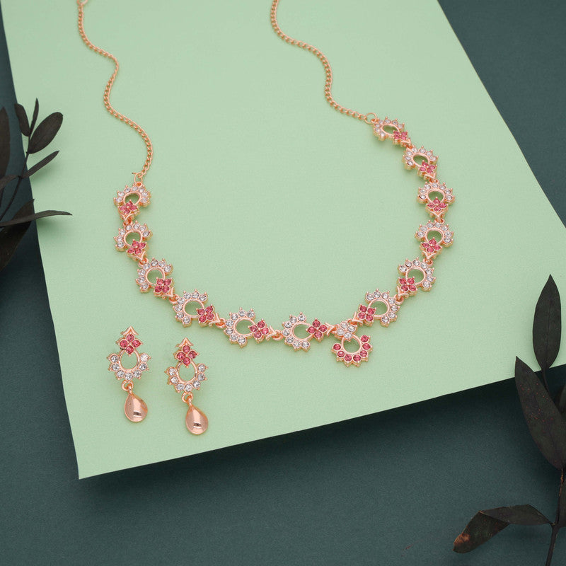 Tehzeeb Creations Gold-Polished Pink Diamond Necklace With Earrings - Distacart