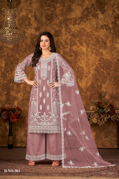 Anaita Purple Embroidered Net Plazzo Suit - Distacart