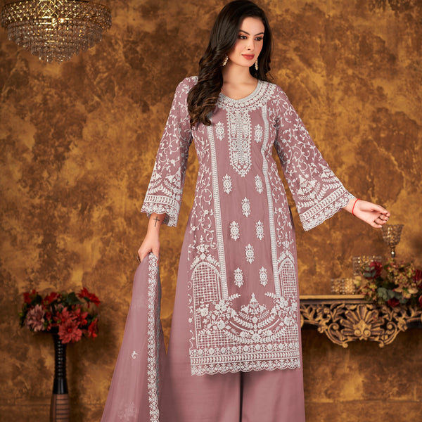 Anaita Purple Embroidered Net Plazzo Suit - Distacart