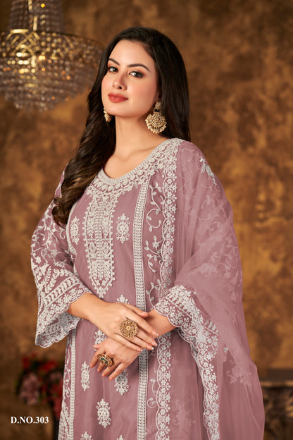 Anaita Purple Embroidered Net Plazzo Suit - Distacart