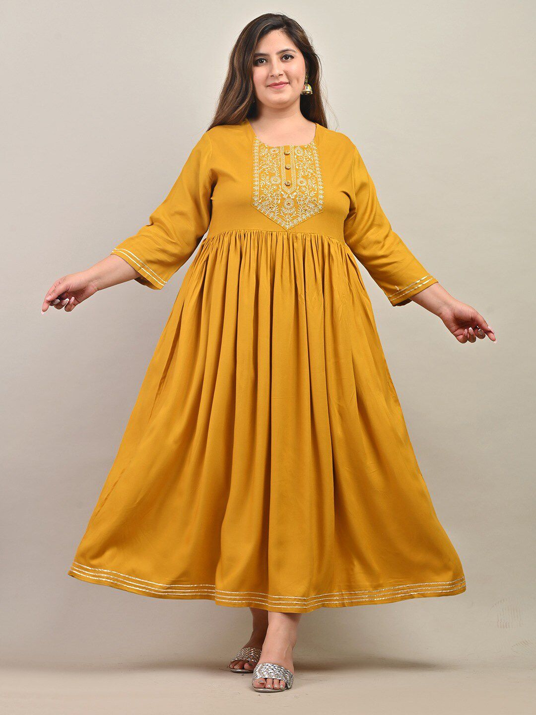 Swasti Plus Size Ethnic Motif Embroidered Round Neck Gathered Fit & Flare Maxi Dress - Distacart