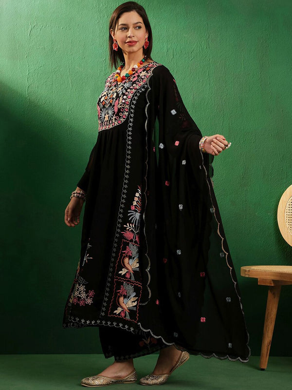 Sangria V Neck Floral Embroidered A Line Kurta with Palazzos & Dupatta