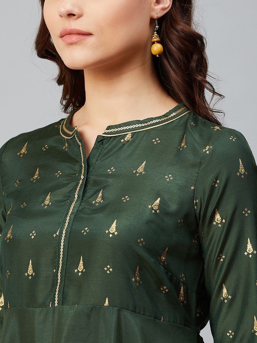 AURELIA Women Green & Golden Printed A-Line Dress - Distacart