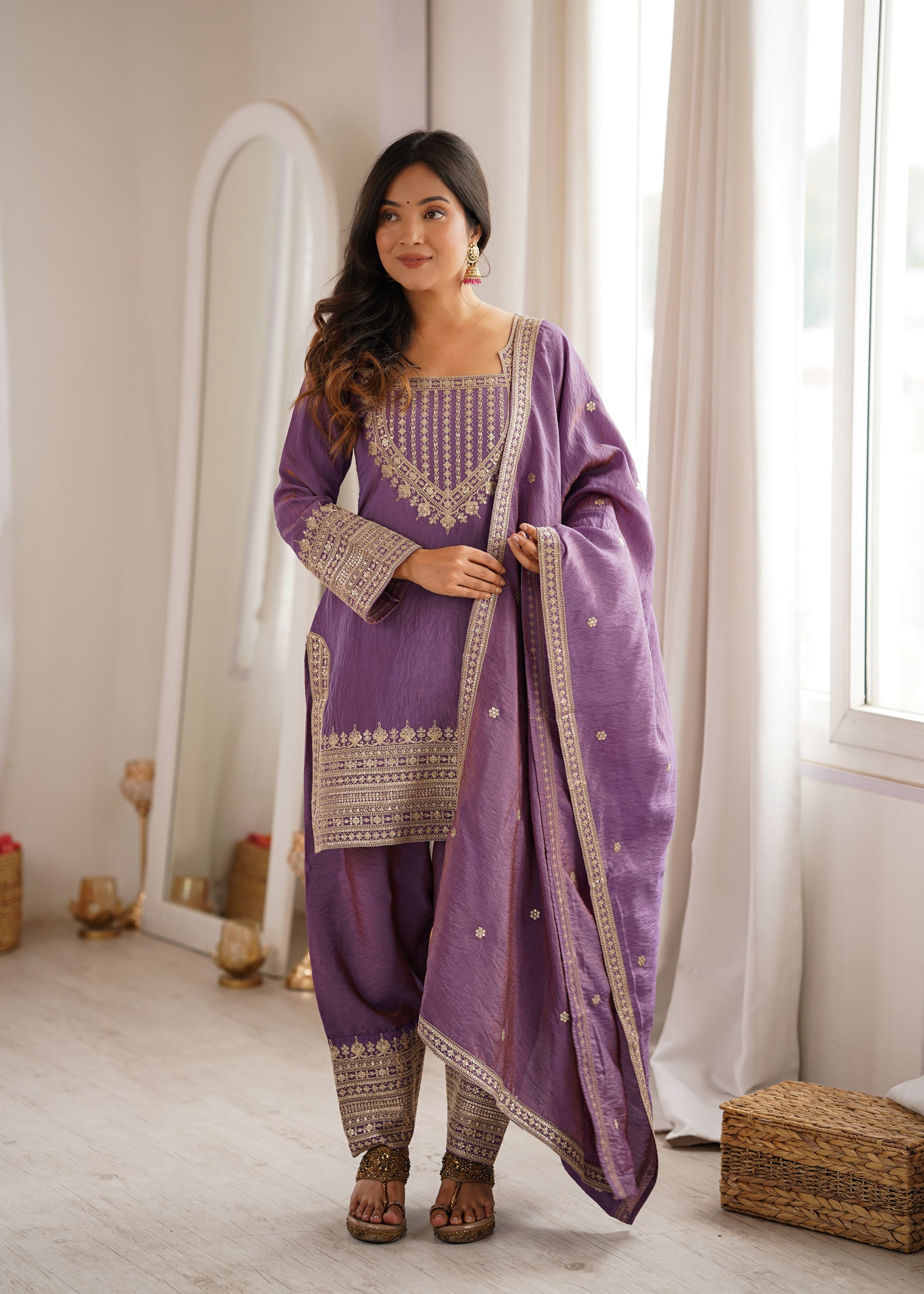 Lorenvalley Fashion Onionpink Vichitra Silk Embroidery Sequence Dori and Jari Work Kutra Farshi Salwar with Dupatta - Dista